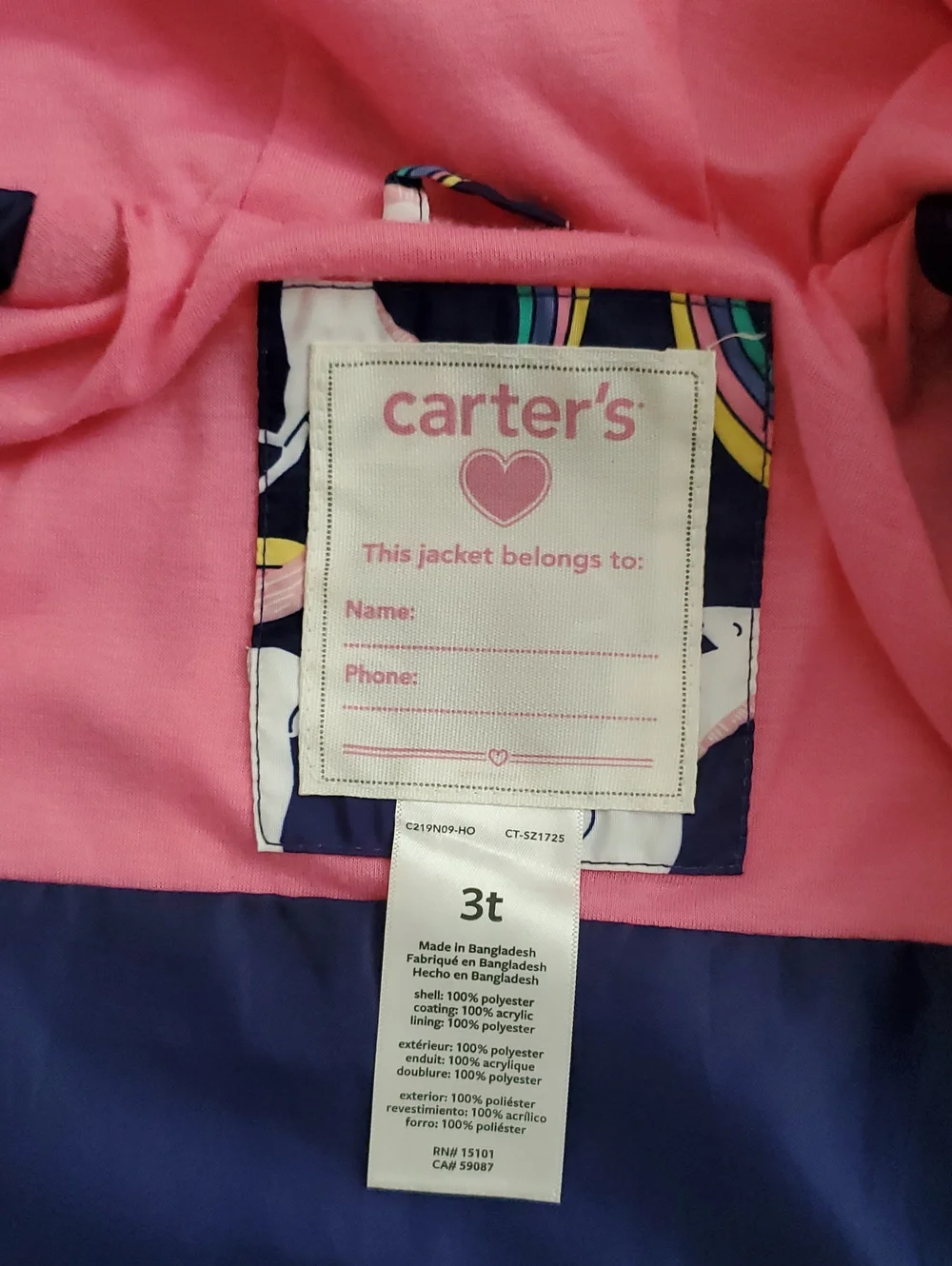 Carters Toddler Girls Rainbow Unicorn Rain Jacket Hooded Coat Sz3T